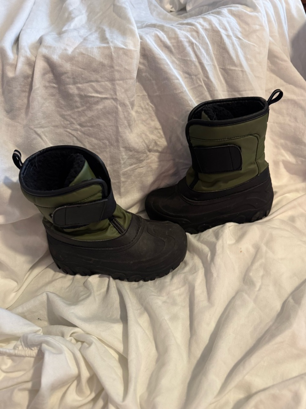 Kids Olive Green and Black Insulated Snow Boots with Easy Velcro Closure